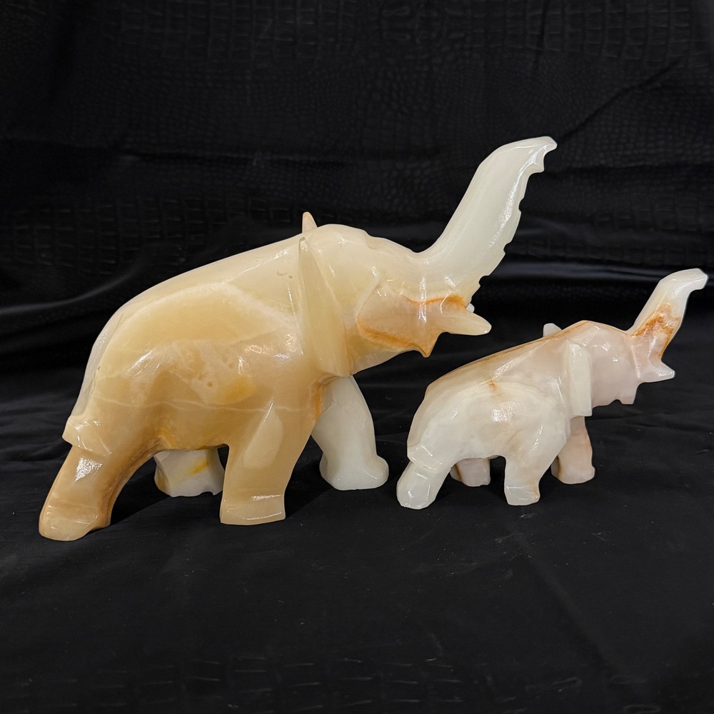 Vintage Onyx Marble Elephant Figurines‎ Set Carved Stone Safari Decor MCM Pair